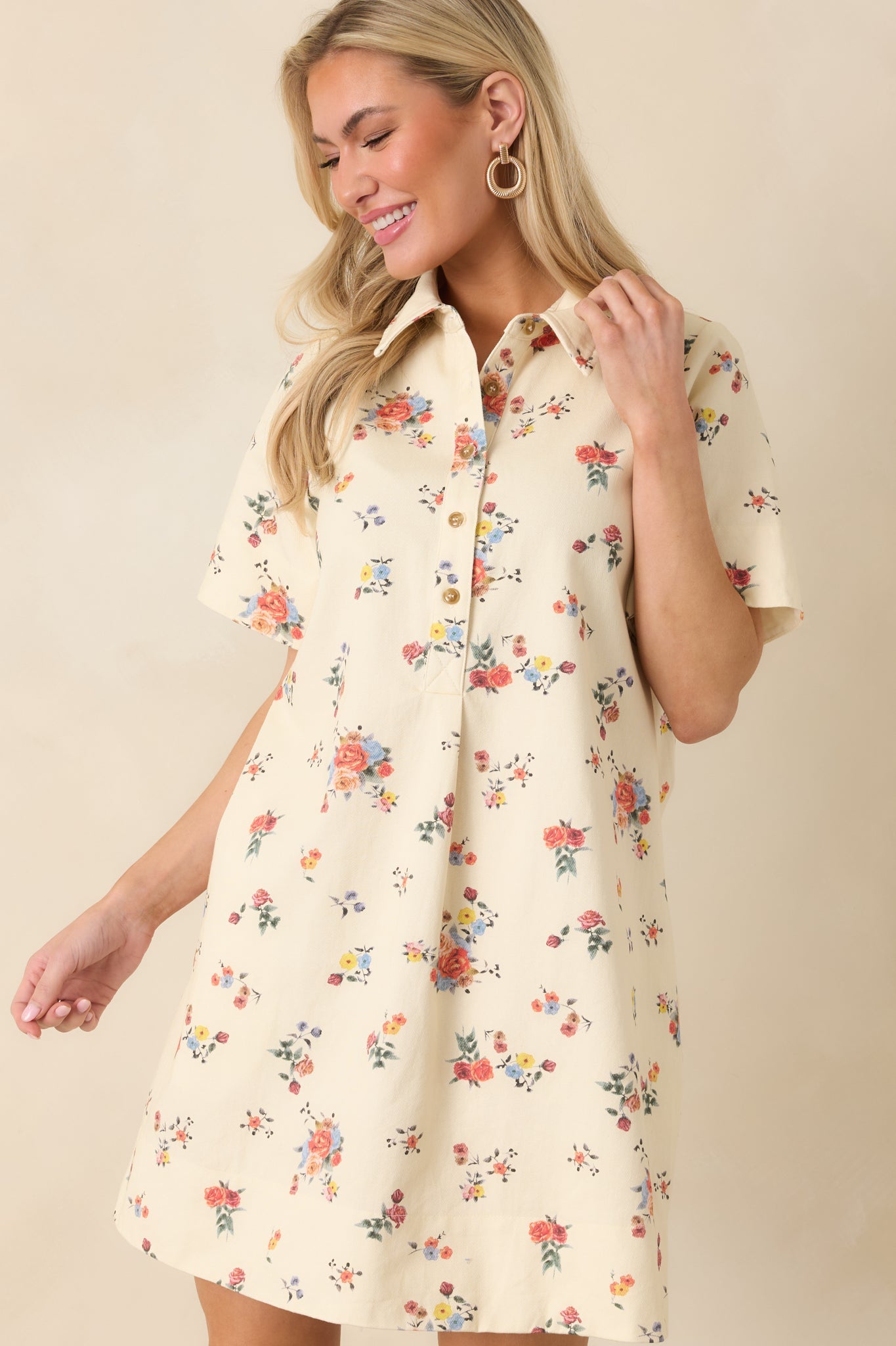 Just Around the Corner Ivory Multi Floral Cotton Mini Dress