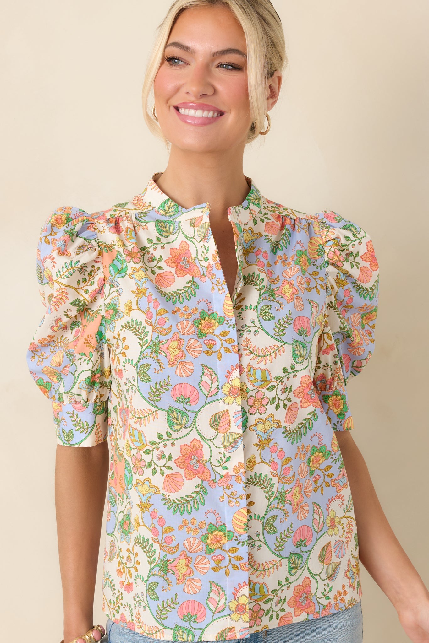 Somebody to Love Ivory Multi Floral Paisley Cotton Puff Sleeve Blouse