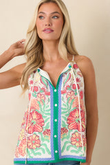 Garden Grove Green & Coral Pink Multi Floral Tank Top