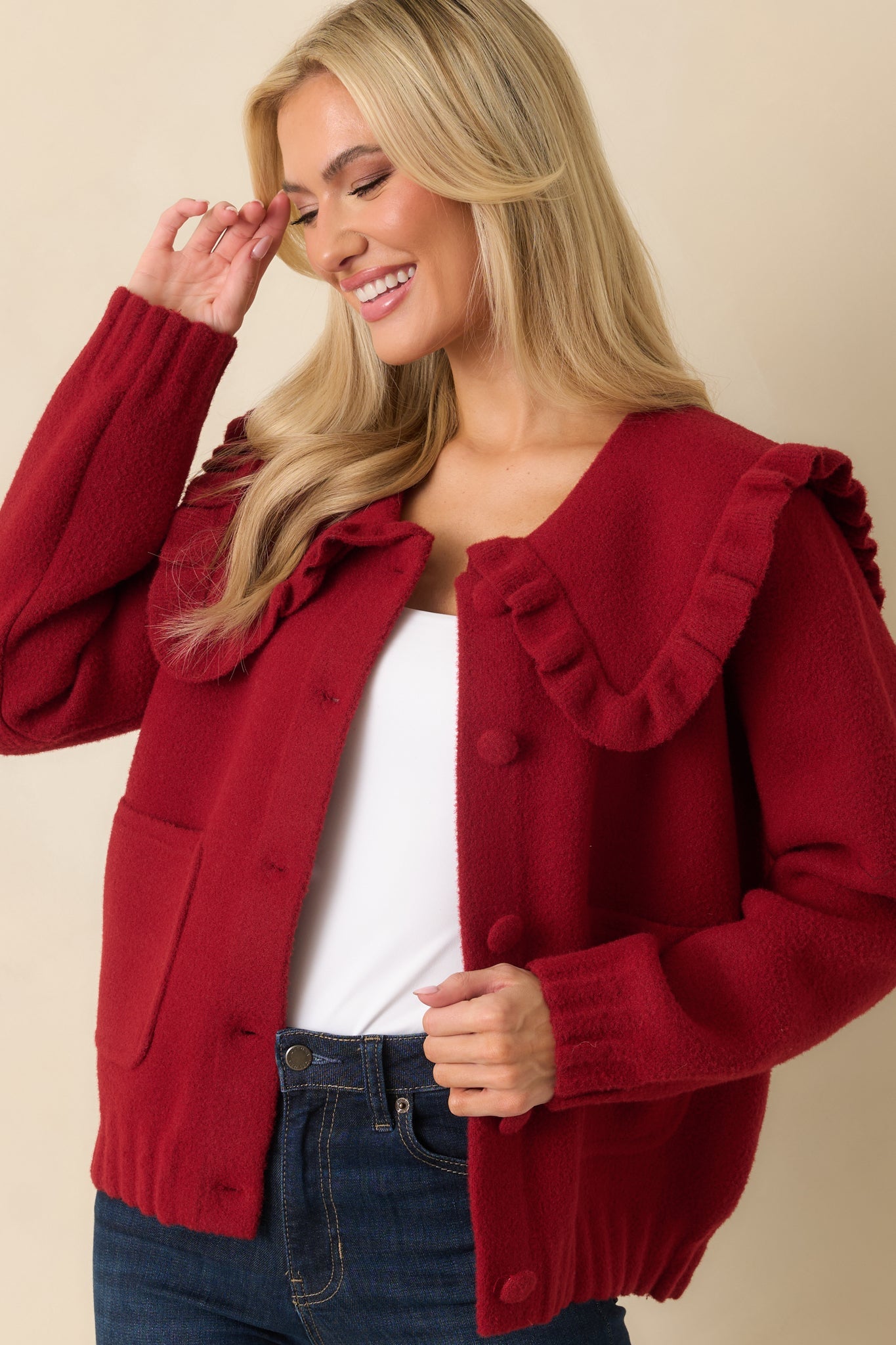 Frilled To Announce Cranberry Red Oversize Ruffle Collar Cardigan Sweater