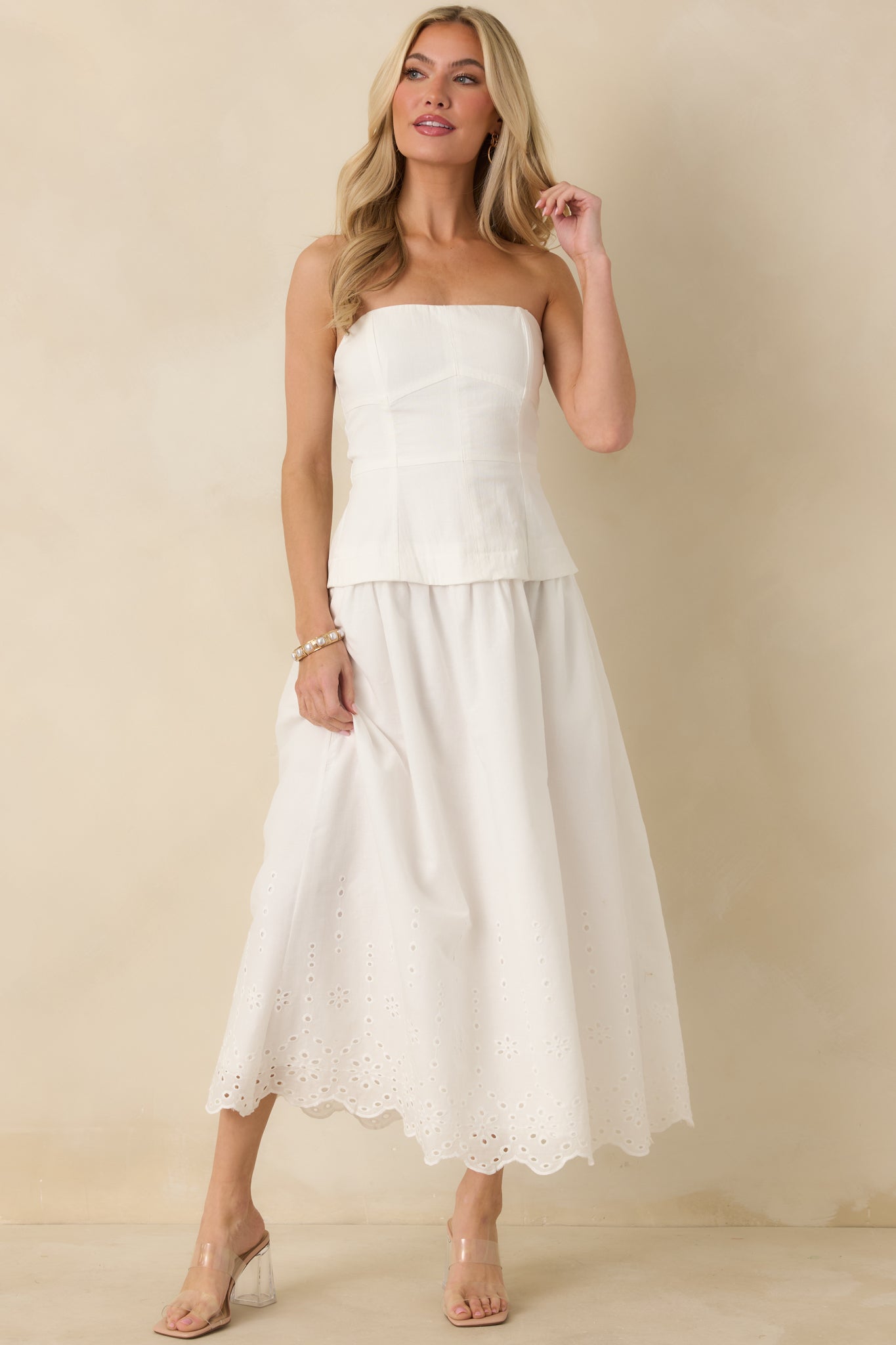 Pure Intentions White Cotton Eyelet Sleeveless Midi Dress