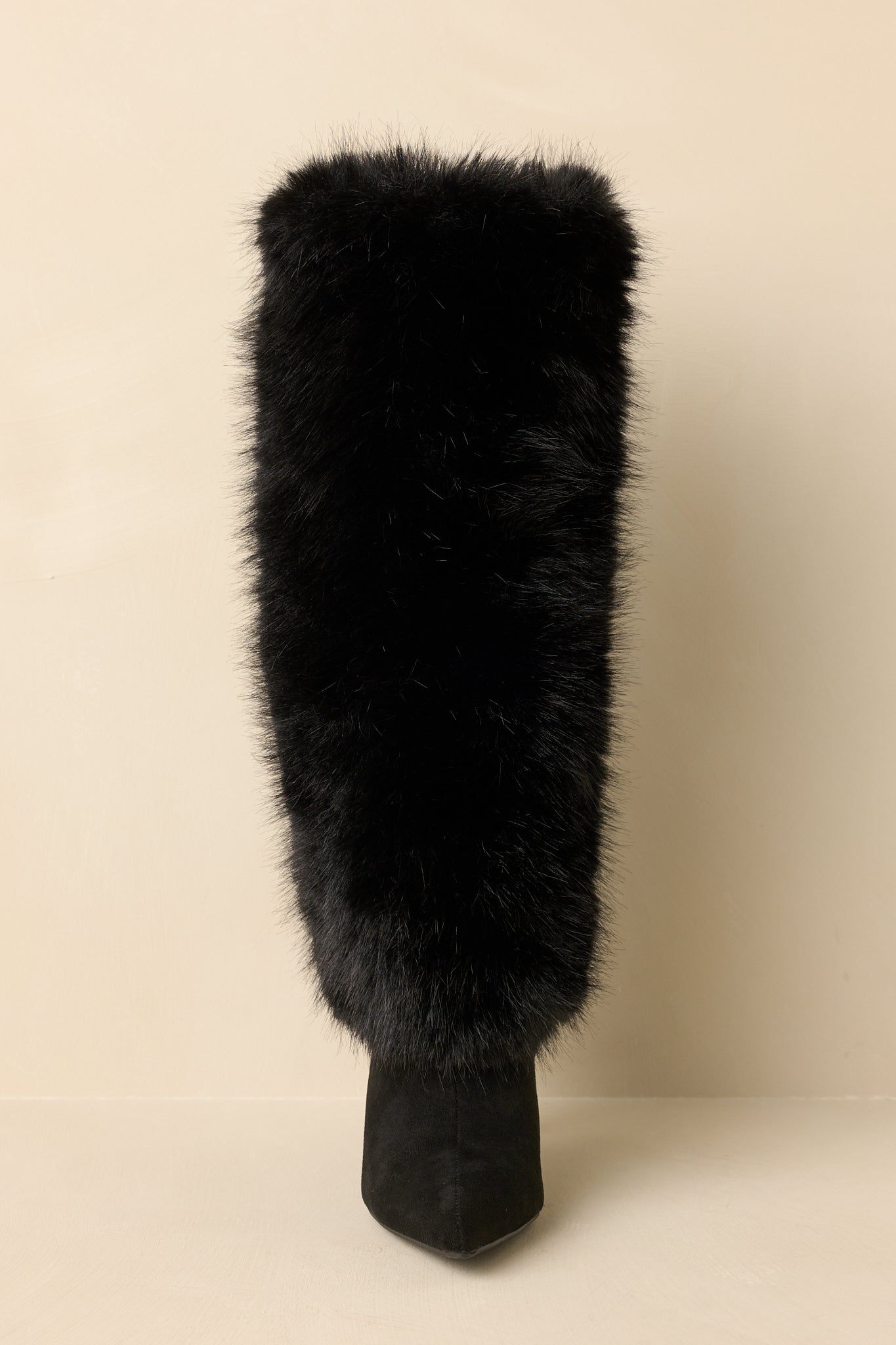 Fine Point Black Faux Fur and Suede Pointed Toe Stiletto Boots