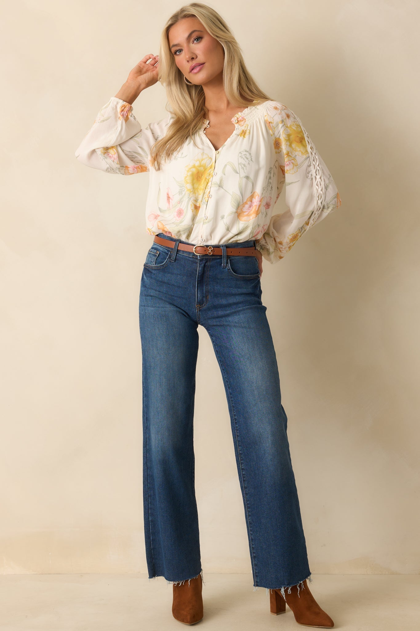 Just Winging It Ivory Multi Floral Print Rayon Long Sleeve Blouse