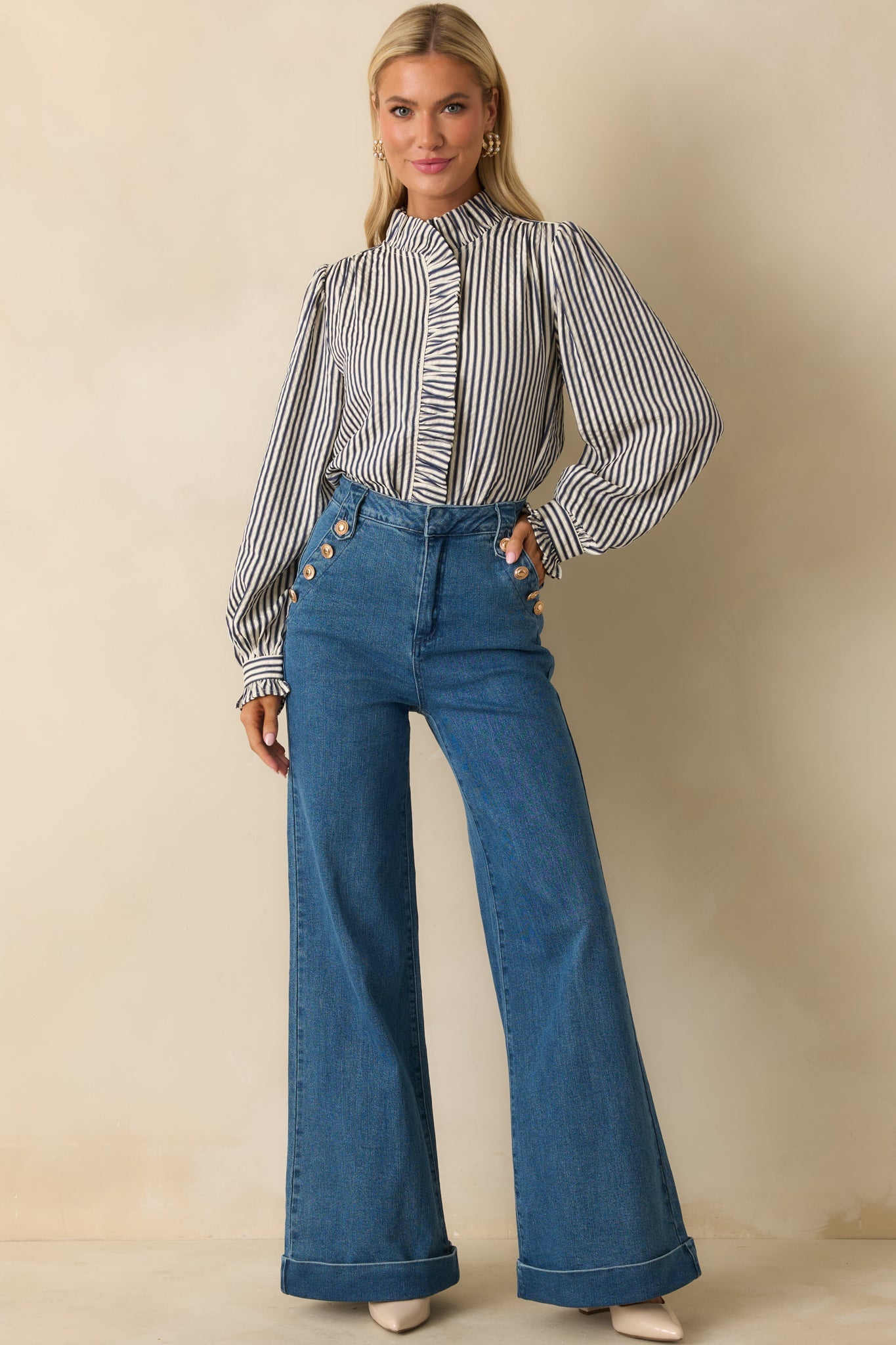 Neatly Noted Navy Blue Striped Seersucker Ruffle Blouse