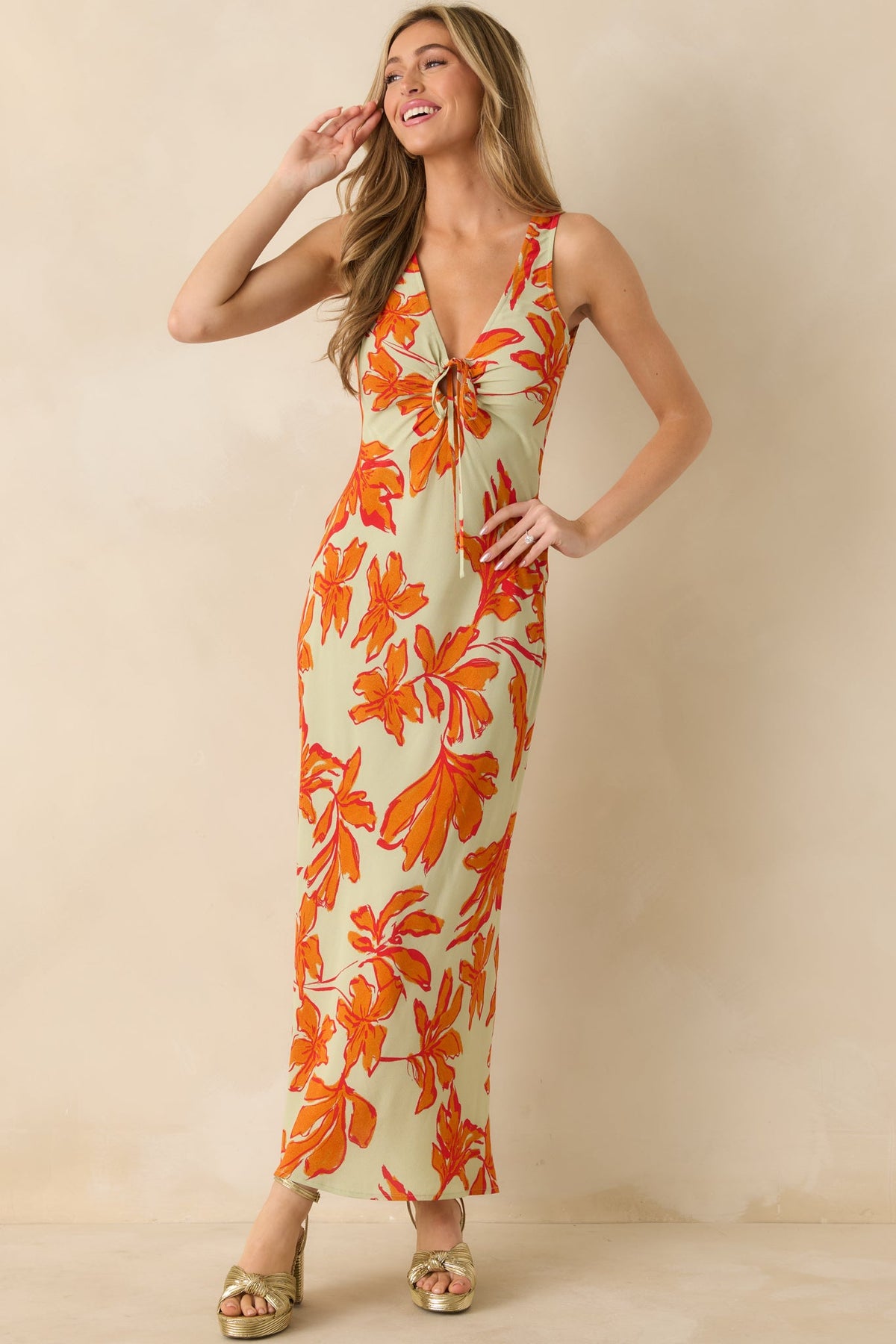 MINKPINK Estelle Green & Orange Floral Print Keyhole Maxi Dress
