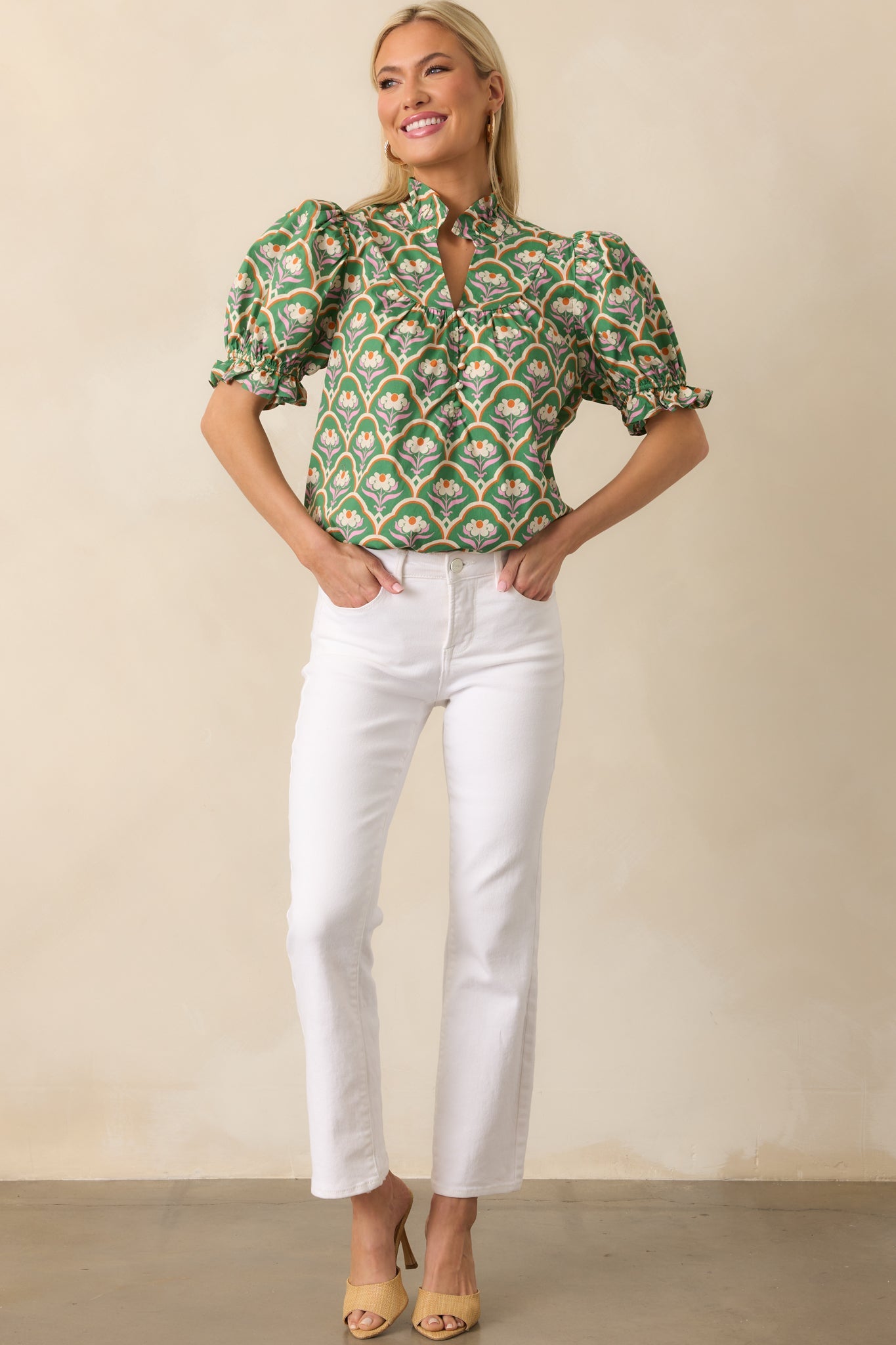 Crossed My Mind Green Geometric Floral Print Cotton Top