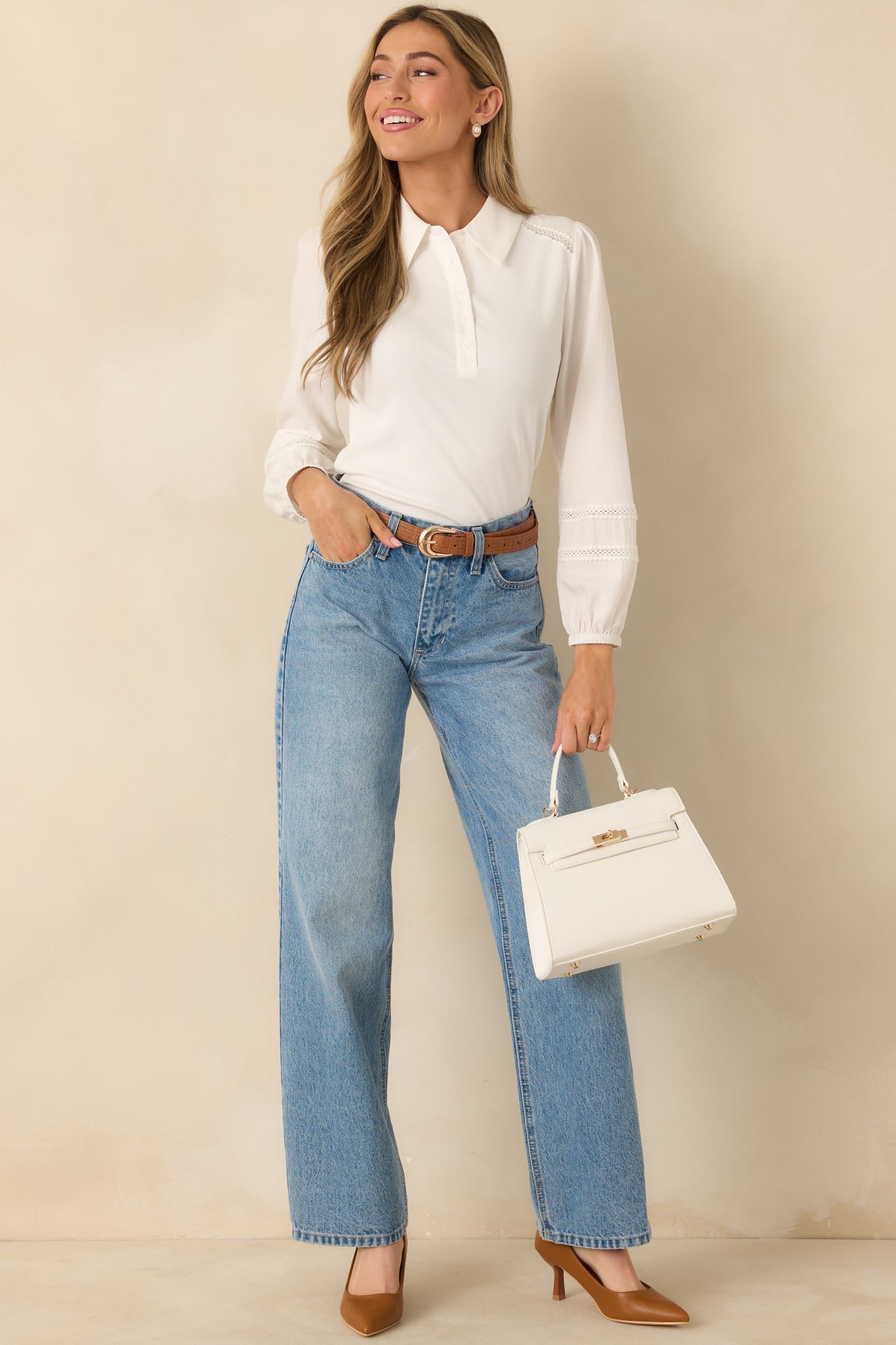 Effortlessly Neat White Ribbed Knit Lace Detail Collared Top