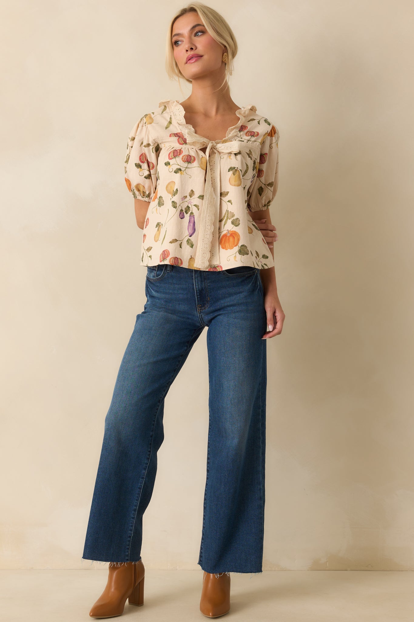 I Meant It Ivory Multi Vegetable Print Cotton Puff Sleeve Top