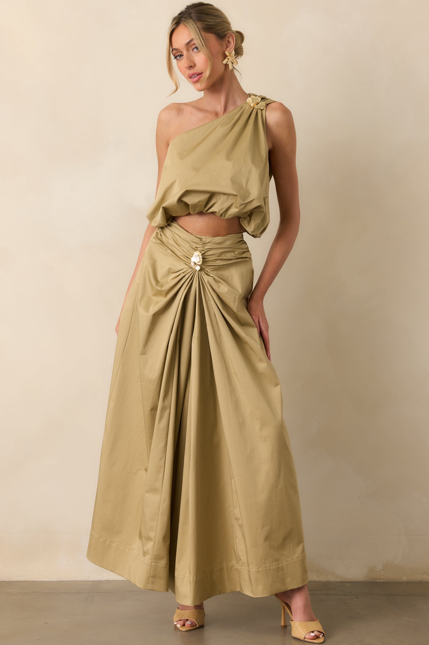 Get My Good Side Tan Ruched Drape Maxi Skirt
