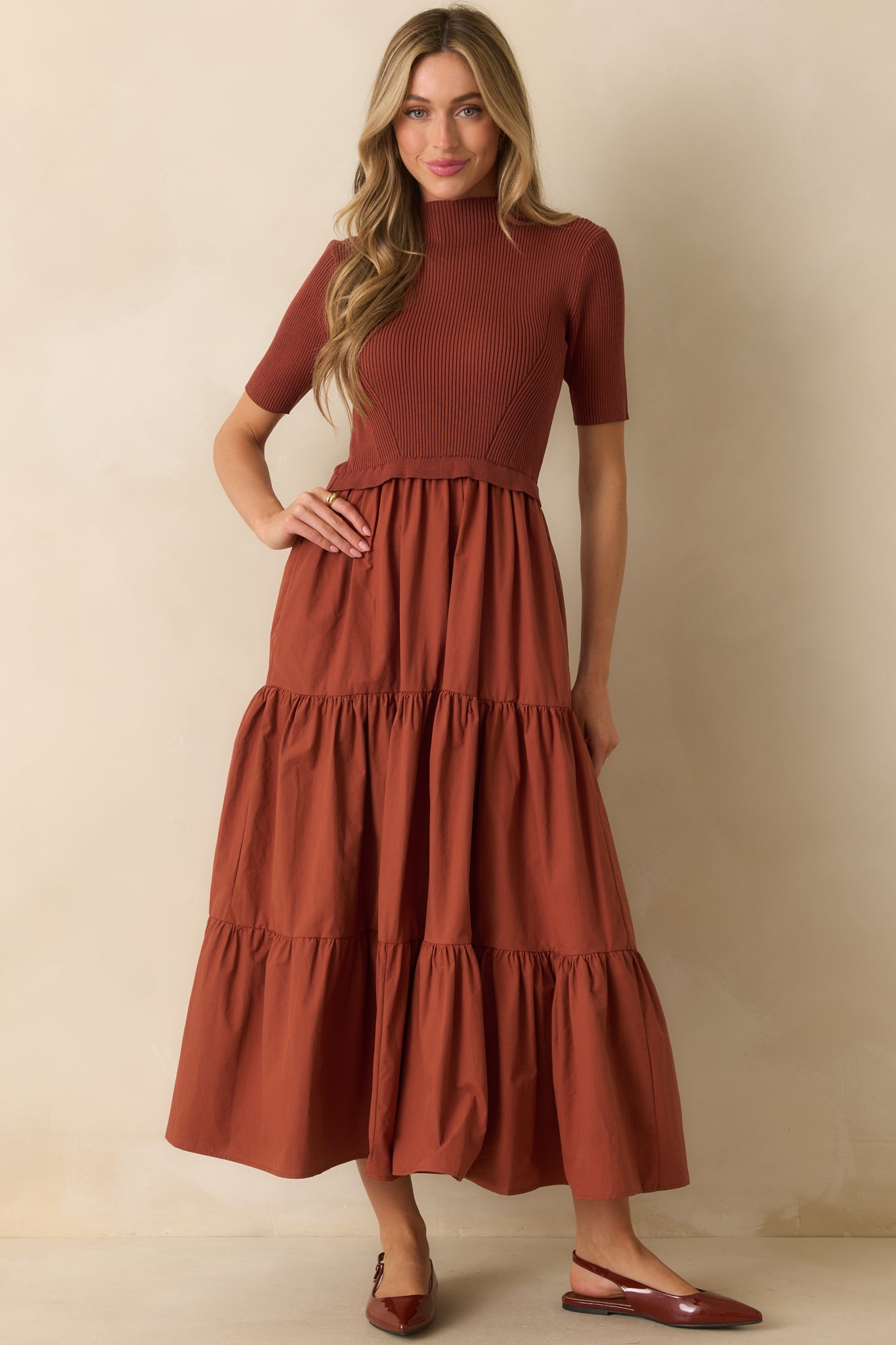 Keep Talking Rust Red Cotton Knit Bodice Short Sleeve Maxi Dress