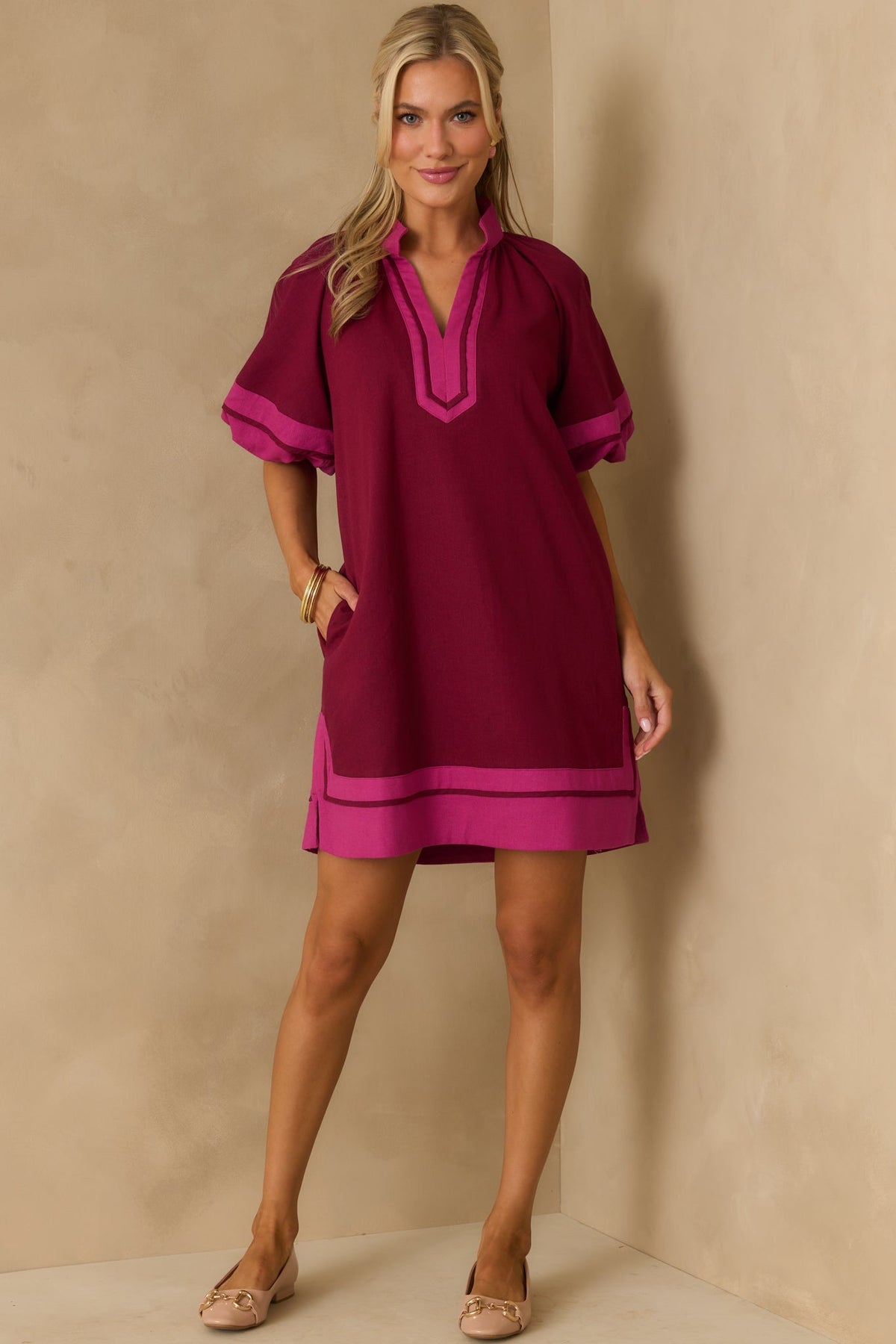 Made It Work Berry Linen Blend Short Sleeve Mini Dress