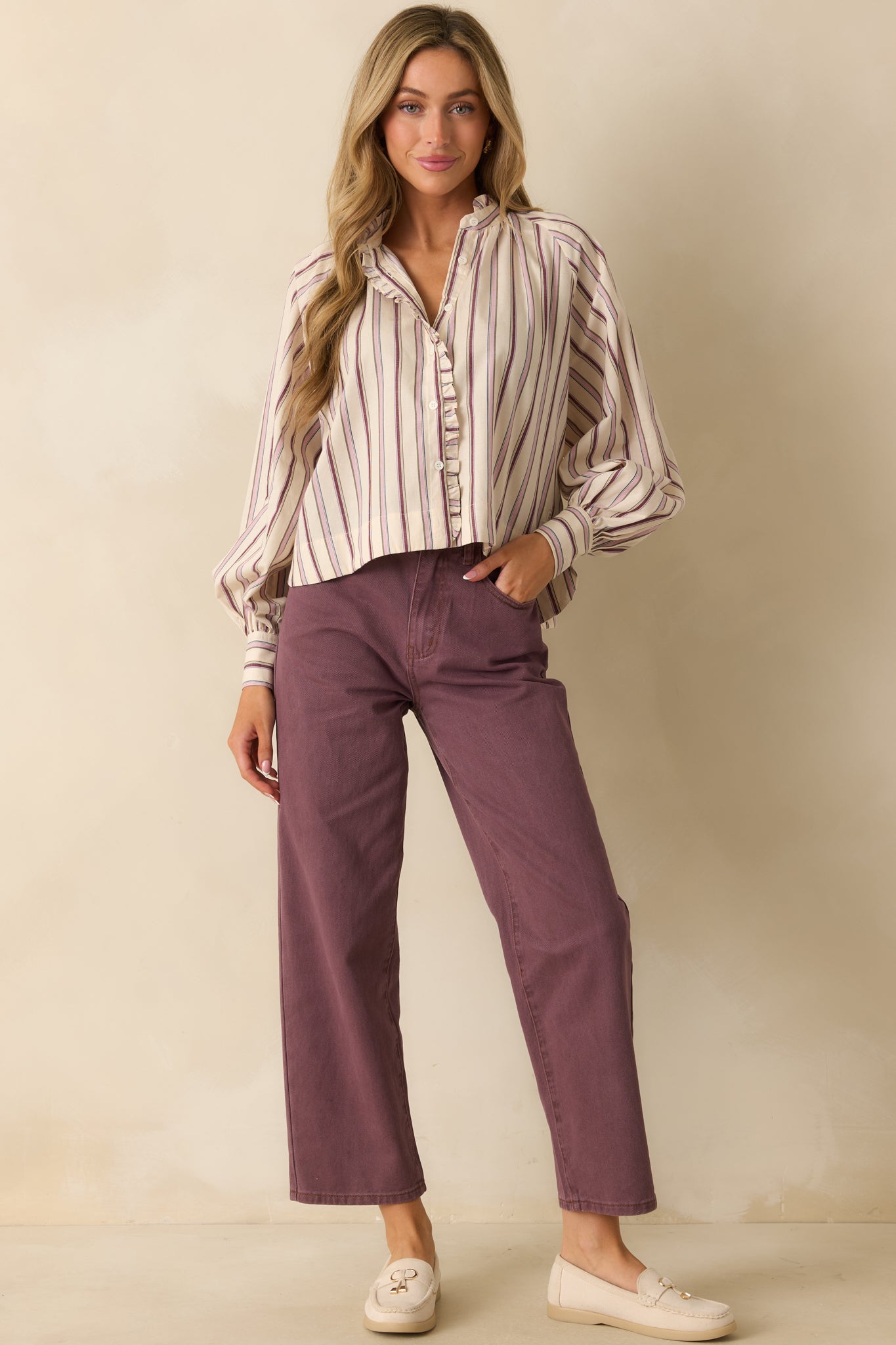FRNCH Ivory & Lilac Striped Button Up Molly Shirt