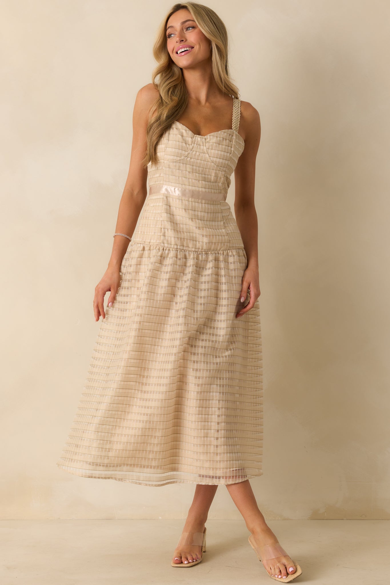 Know Better Tan Embroidered Drop Waist Maxi Dress
