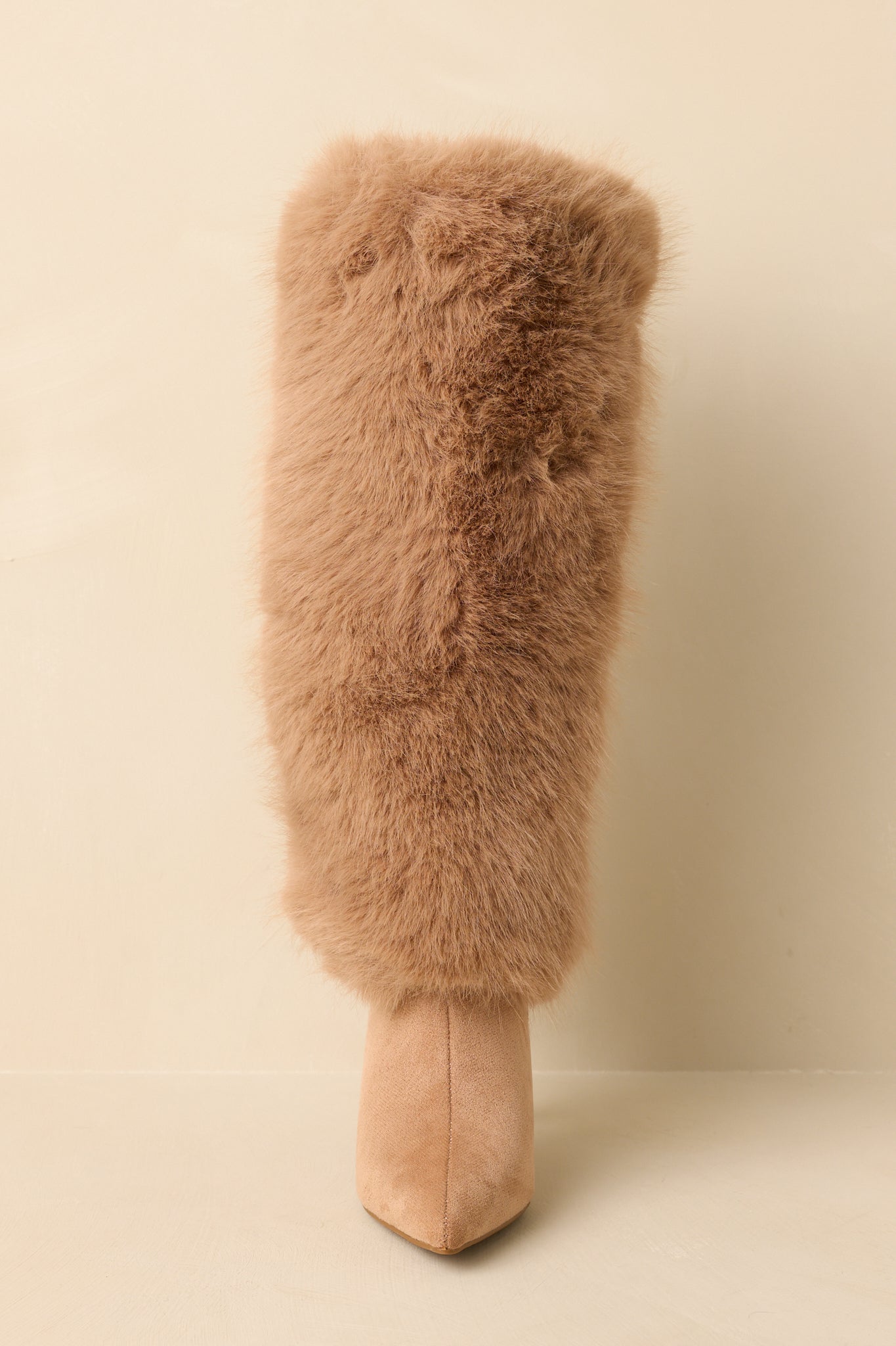 Fine Point Tan Faux Fur and Suede Pointed Toe Stiletto Boots