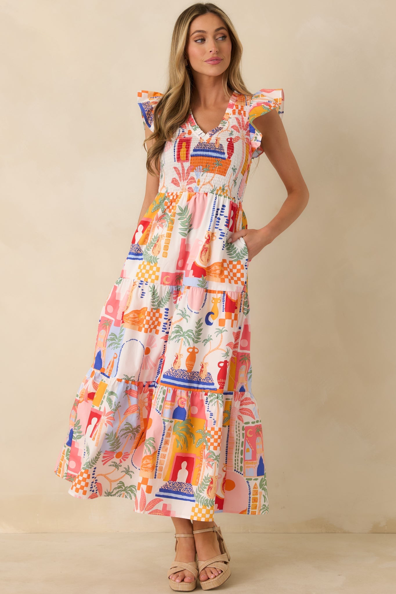 Where the Sun Goes Orange & Pink Multi Cotton V-Neck Flutter Sleeve Maxi Dress