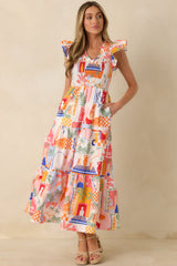 Where the Sun Goes Orange & Pink Multi Cotton V-Neck Flutter Sleeve Maxi Dress