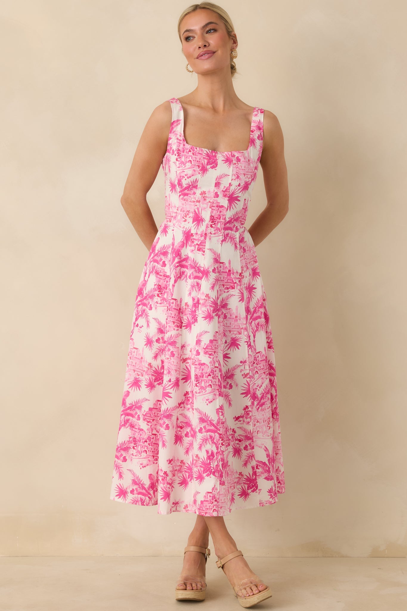 Destination Daydream Hibiscus Pink Palm Print Tie Back Midi Dress