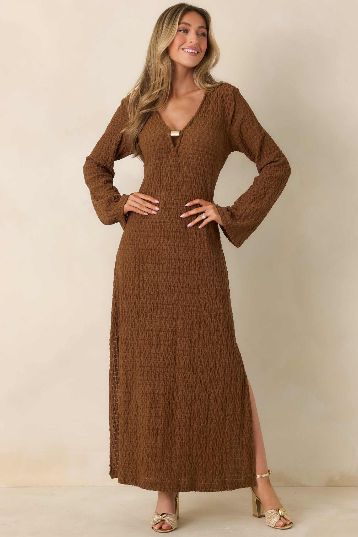 Just a Hint of Glam Brown Textured Semi-Sheer Long Sleeve Maxi Dress