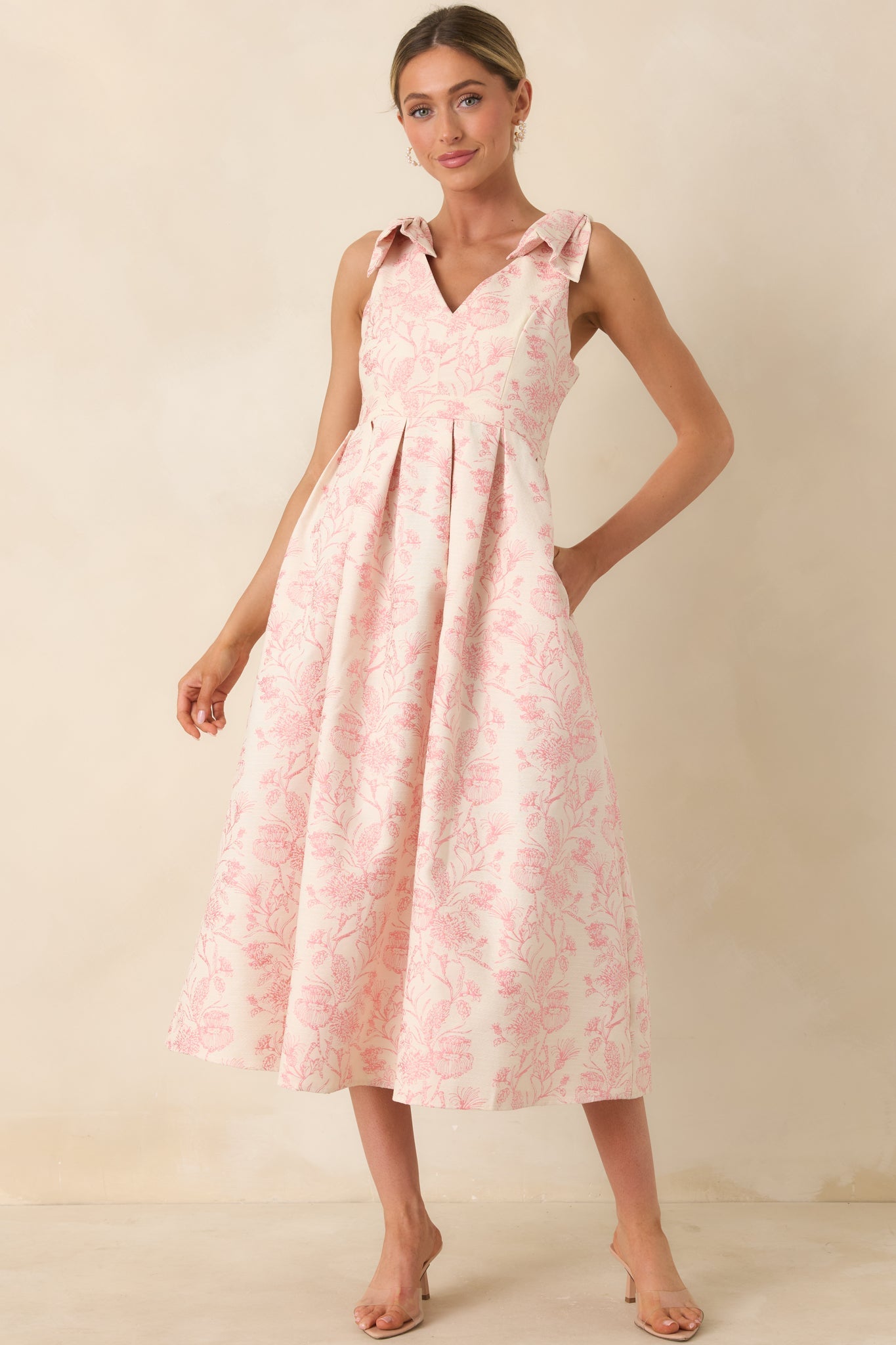 Tie It Up Pretty Pink Floral Bow Strap Midi Dress