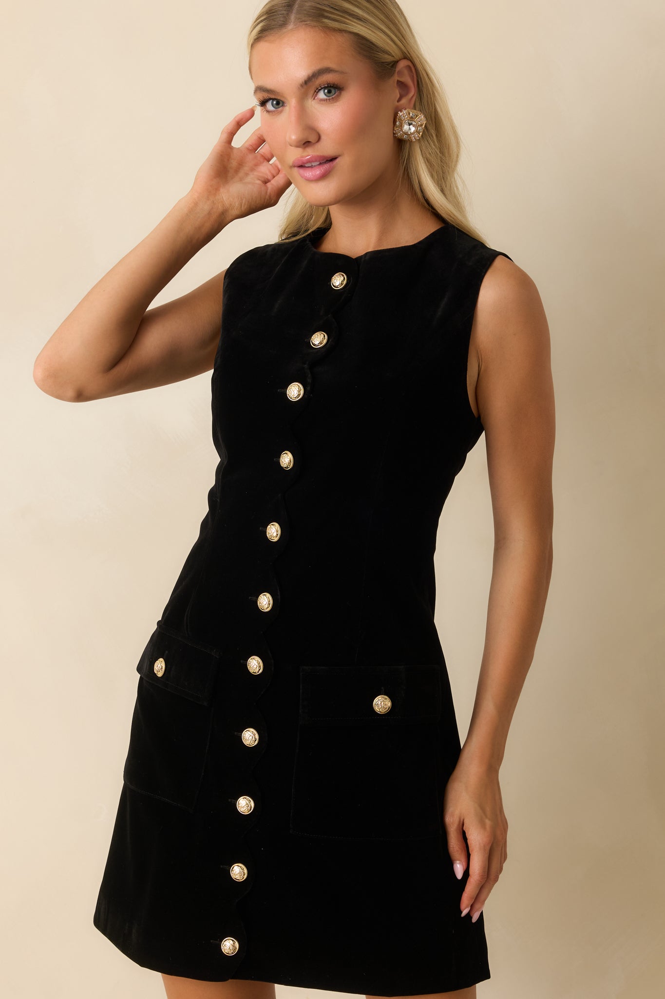 Command the Room Black Velvet Scalloped Button Front Mini Dress