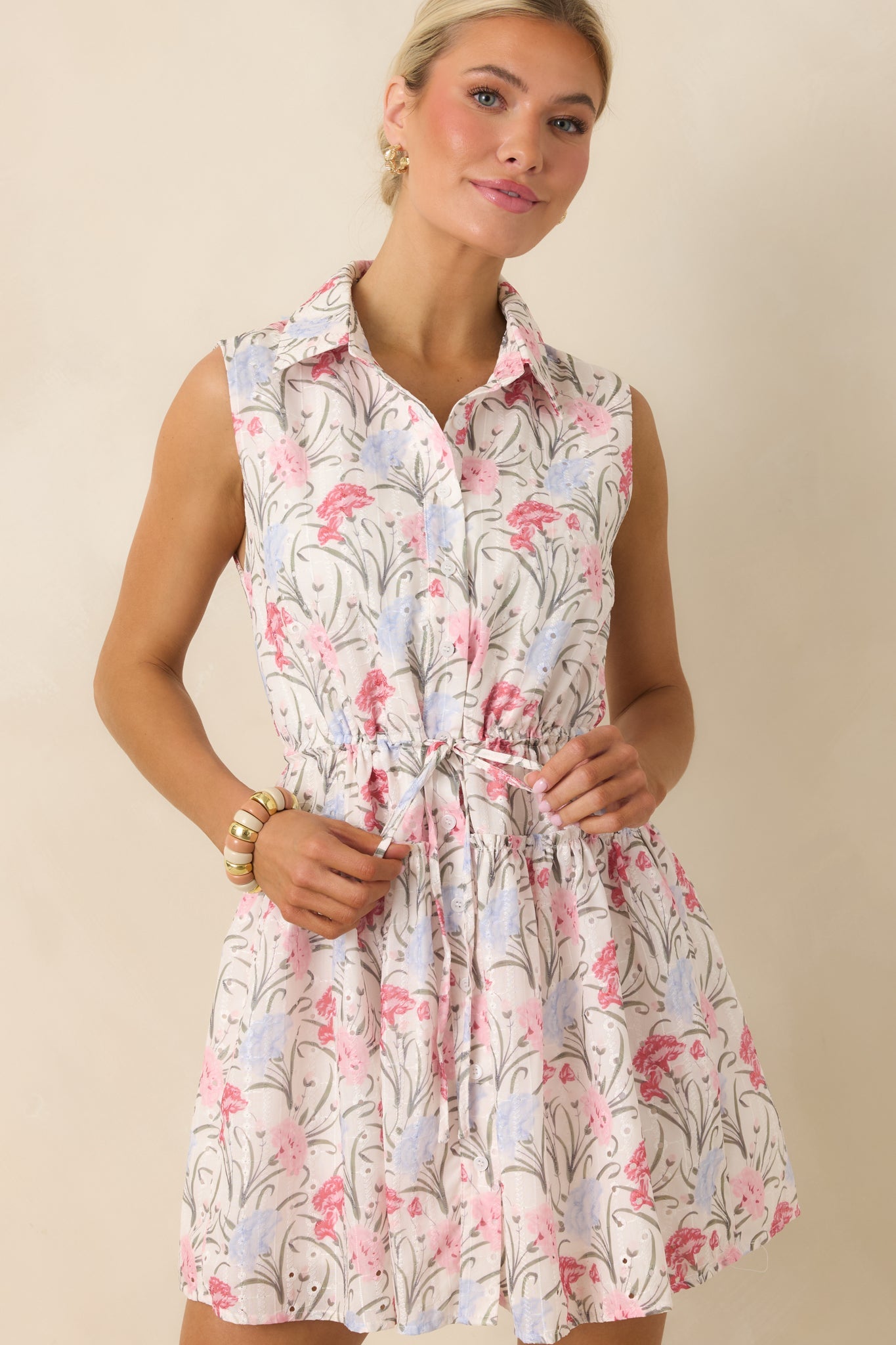 Poetry in Bloom Pink & Lavender Embroidered Eyelet Tie Waist Mini Dress