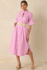 In Perfect Order Pink Stripe Button Front Ruffle Collar Midi Shirt Dress