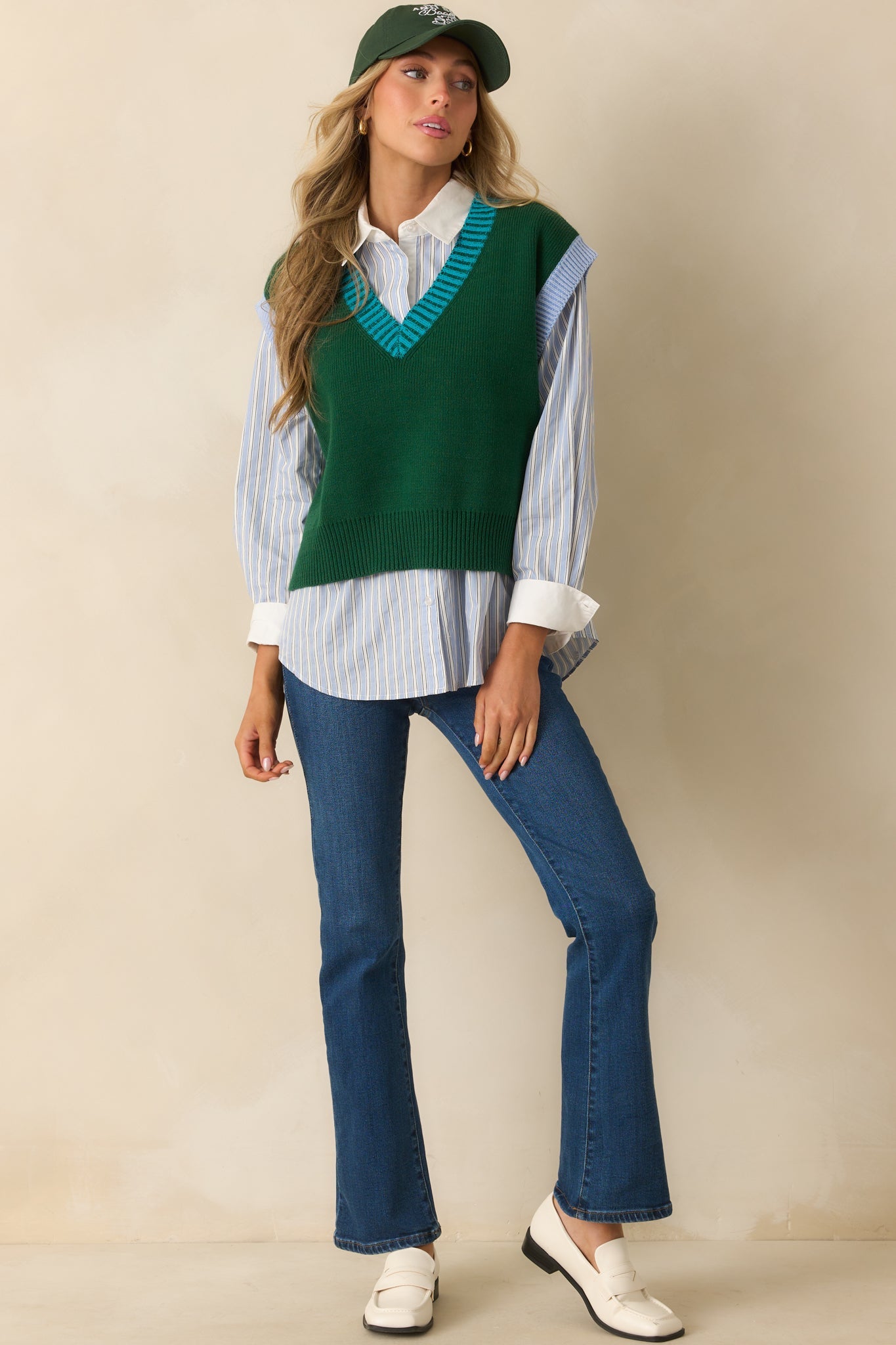 Stayed The Same Hunter Green Cotton Contrast Trim Sweater Vest