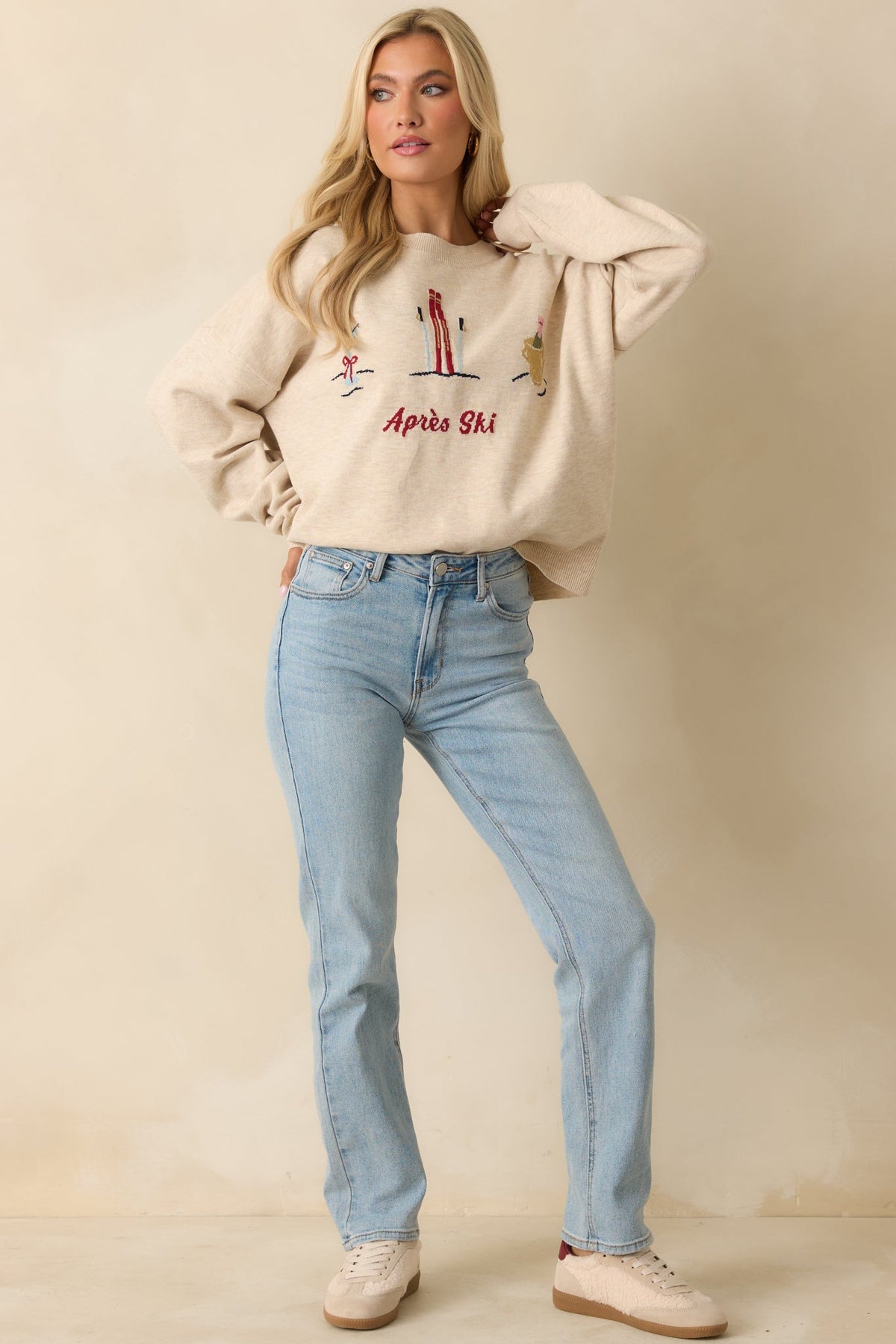 Sips After Slopes Heathered Oatmeal Après Ski Crewneck Sweater