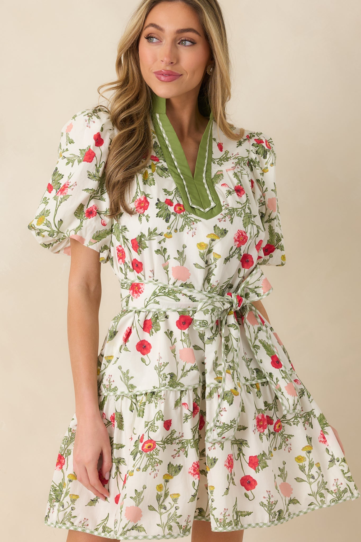 Taking A Chance Olive Green Floral Print Cotton Puff Sleeve Mini Dress