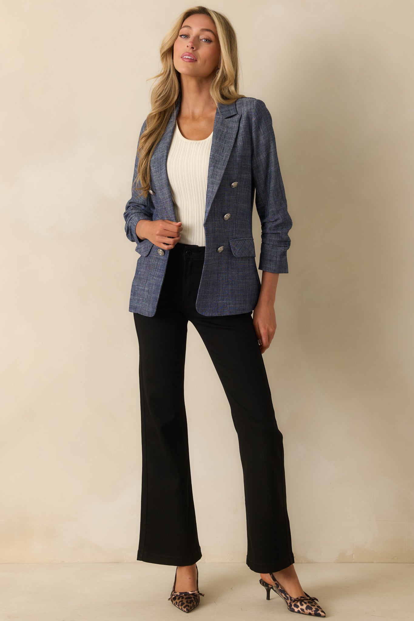 Confident Energy Dark Wash Chambray Ruched Sleeve Blazer