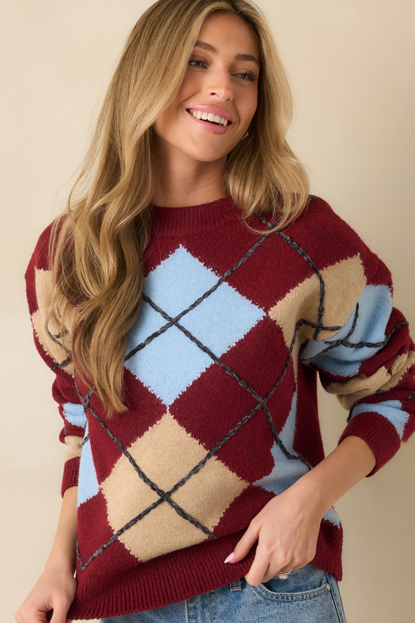 Check Back Later Burgundy Multi Argyle Knit Sweater