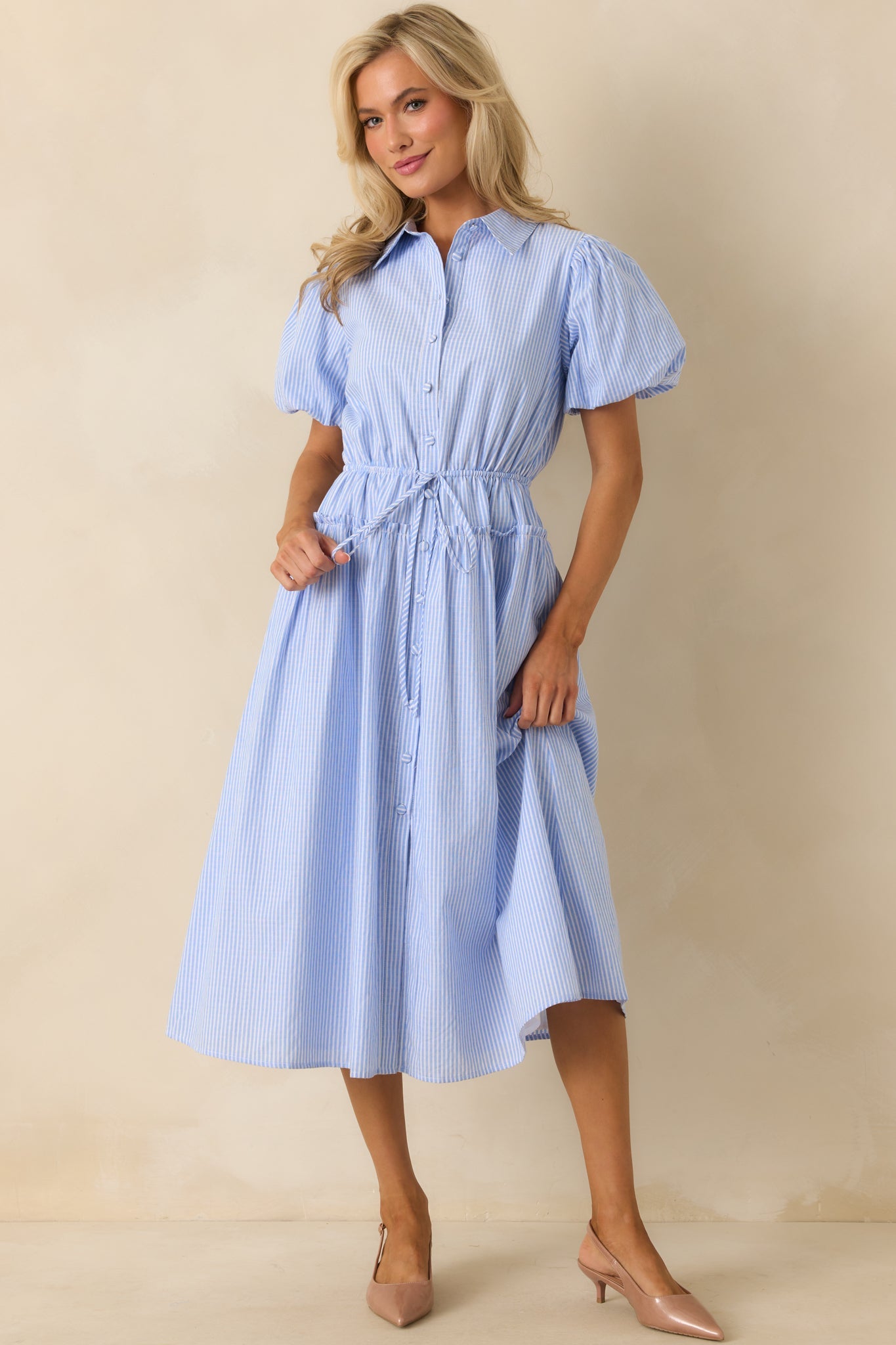 A Twist On Timeless Blue Stripe Rayon Maxi Shirt Dress