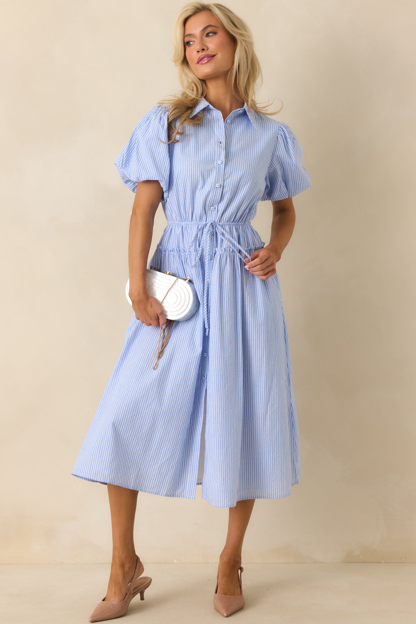 A Twist On Timeless Blue Stripe Rayon Maxi Shirt Dress