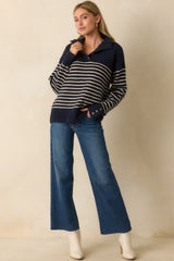 Before You Know It Navy Stripe Long Sleeve Collared Sweater