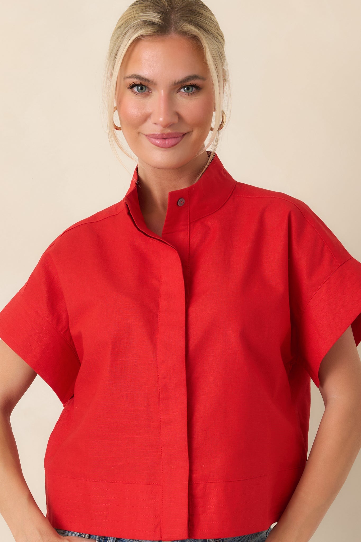 Pretty In Power Red Cotton Linen Button-Front Mock Neck Top