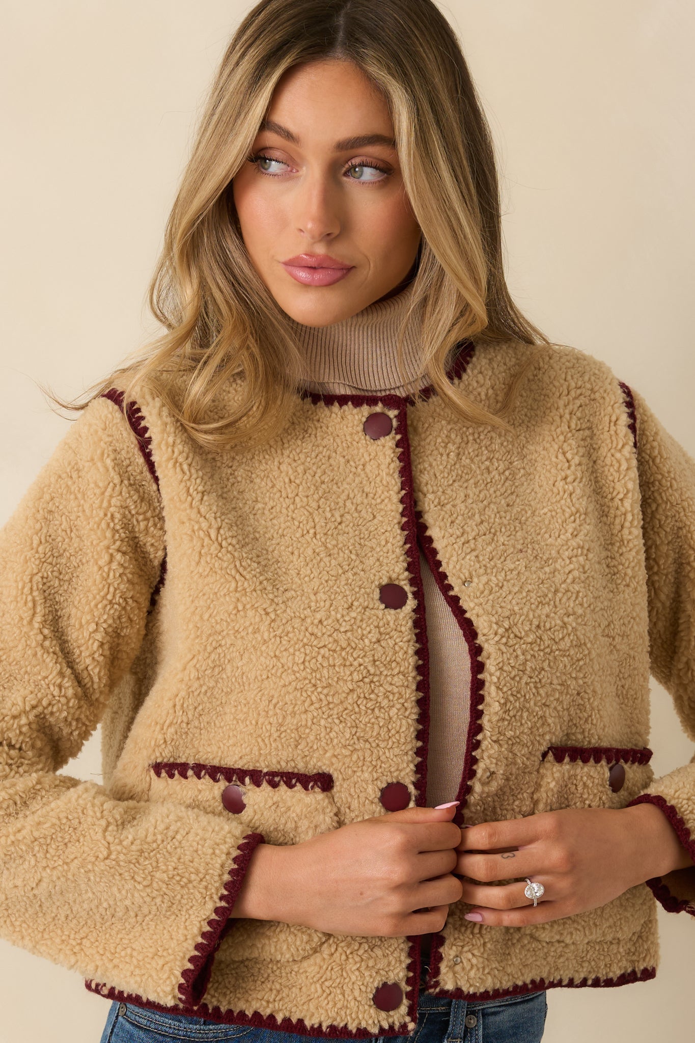 Bound to Be Cozy Beige & Burgundy Contrast Stitch Sherpa Jacket