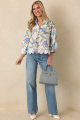 Petals in the Breeze Blue Multi Cotton Floral V-Neck Top