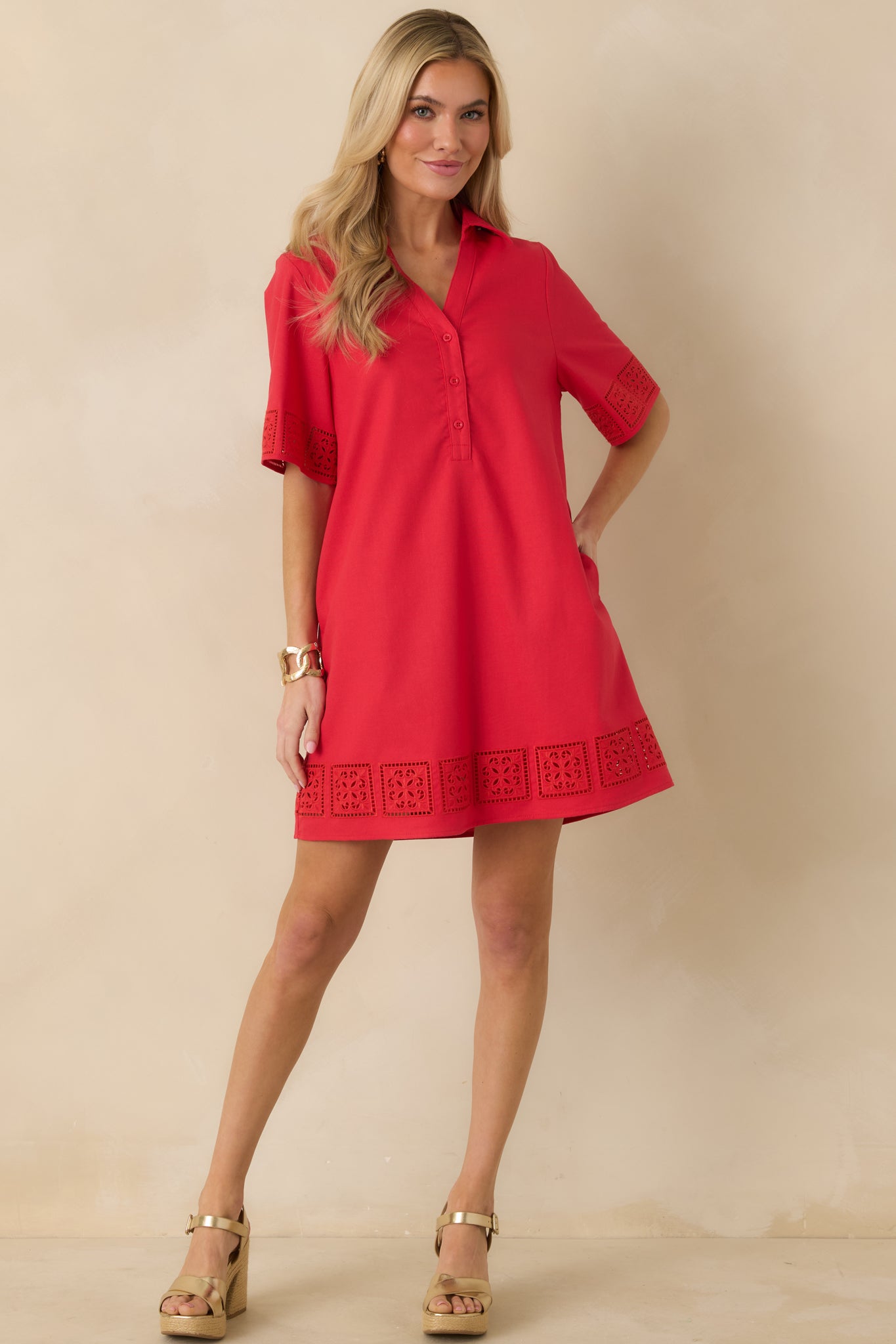 Something About You Red Cotton Blend Cut Out Detail Mini Shirt Dress