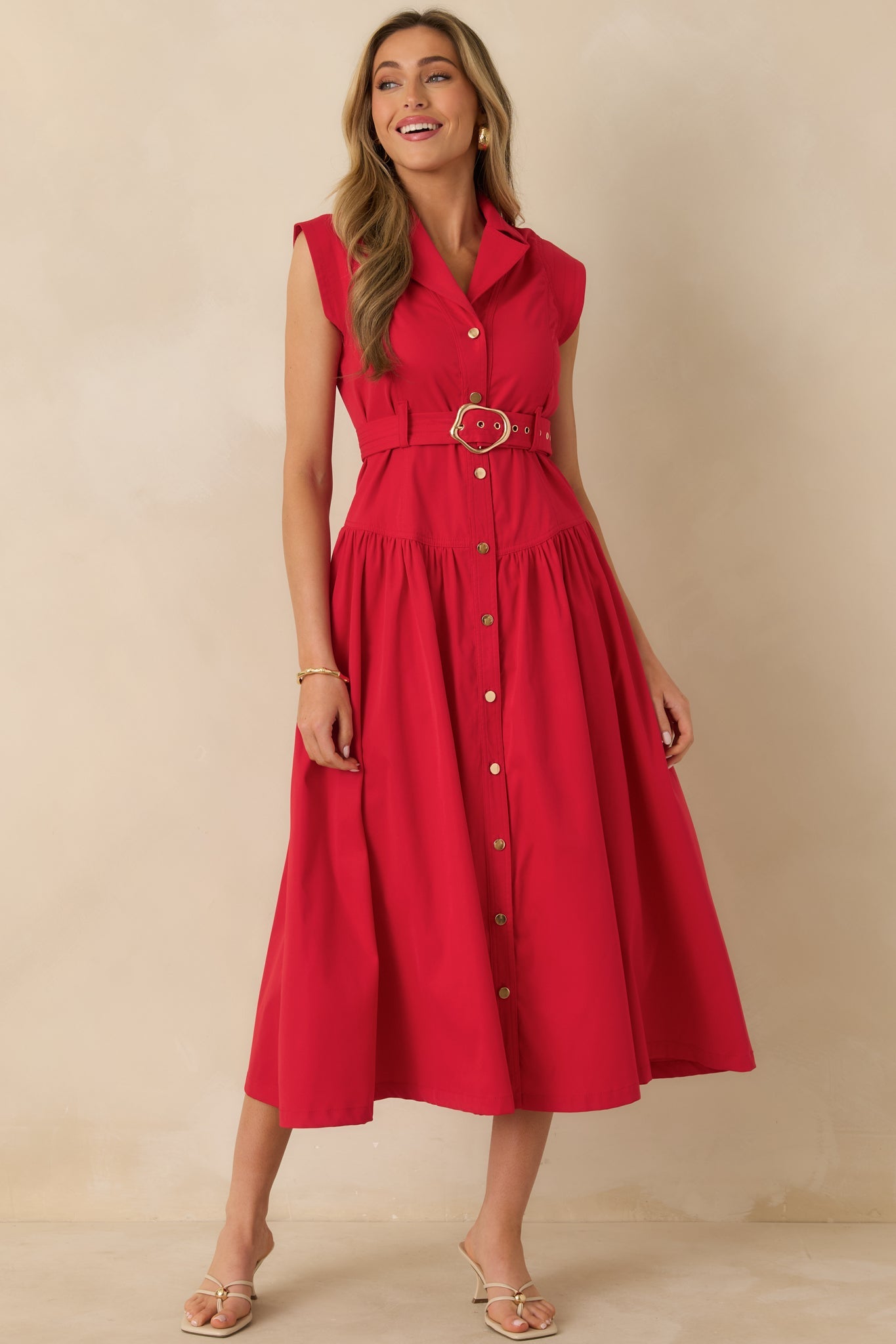 Just Right Moments Red Sleeveless Belted Maxi Shirt Dress