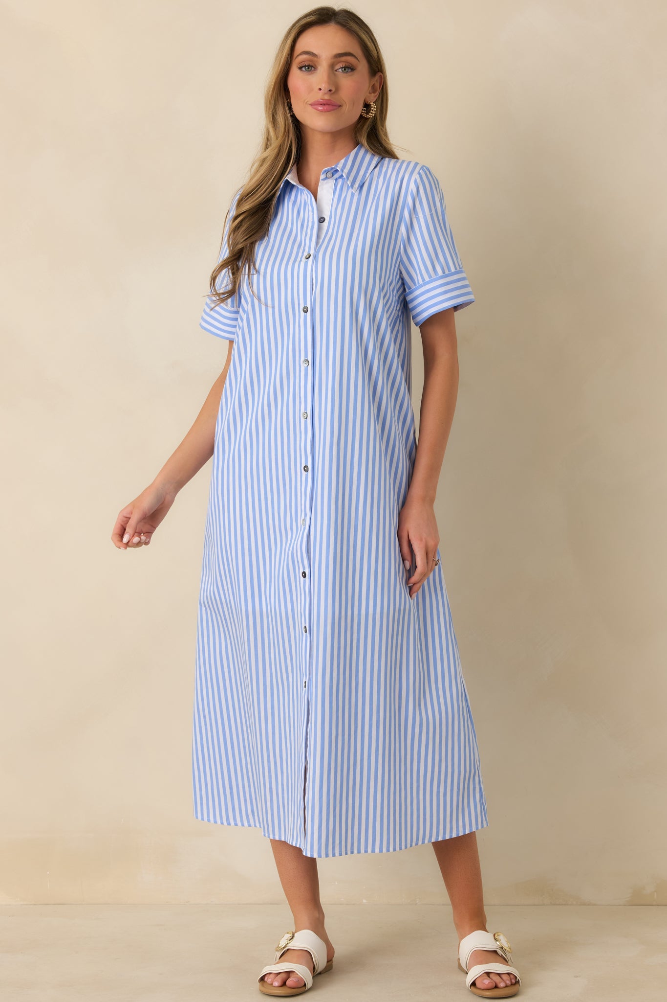 Pretty in Pinstripes Blue Cotton Stripe Button Front Maxi Shirt Dress