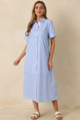 Pretty in Pinstripes Blue Cotton Stripe Button Front Maxi Shirt Dress