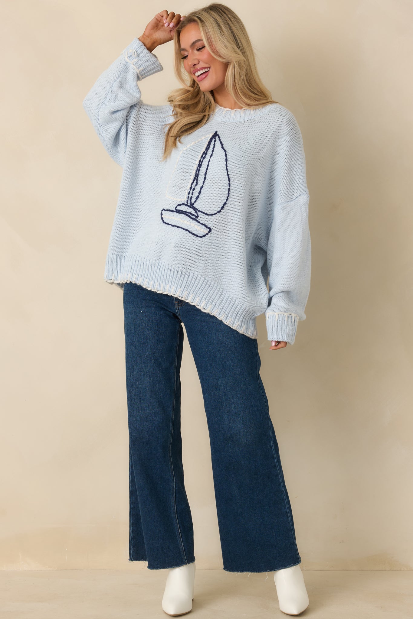 Set Your Course Light Blue Knit Embroidered Sailboat Sweater