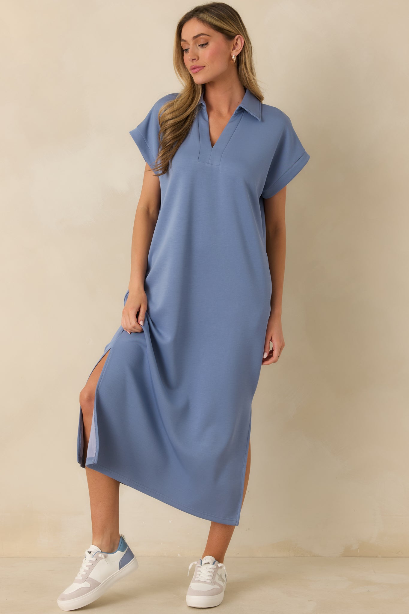 Made The Right Call Chambray Blue Collared Midi T-Shirt Dress