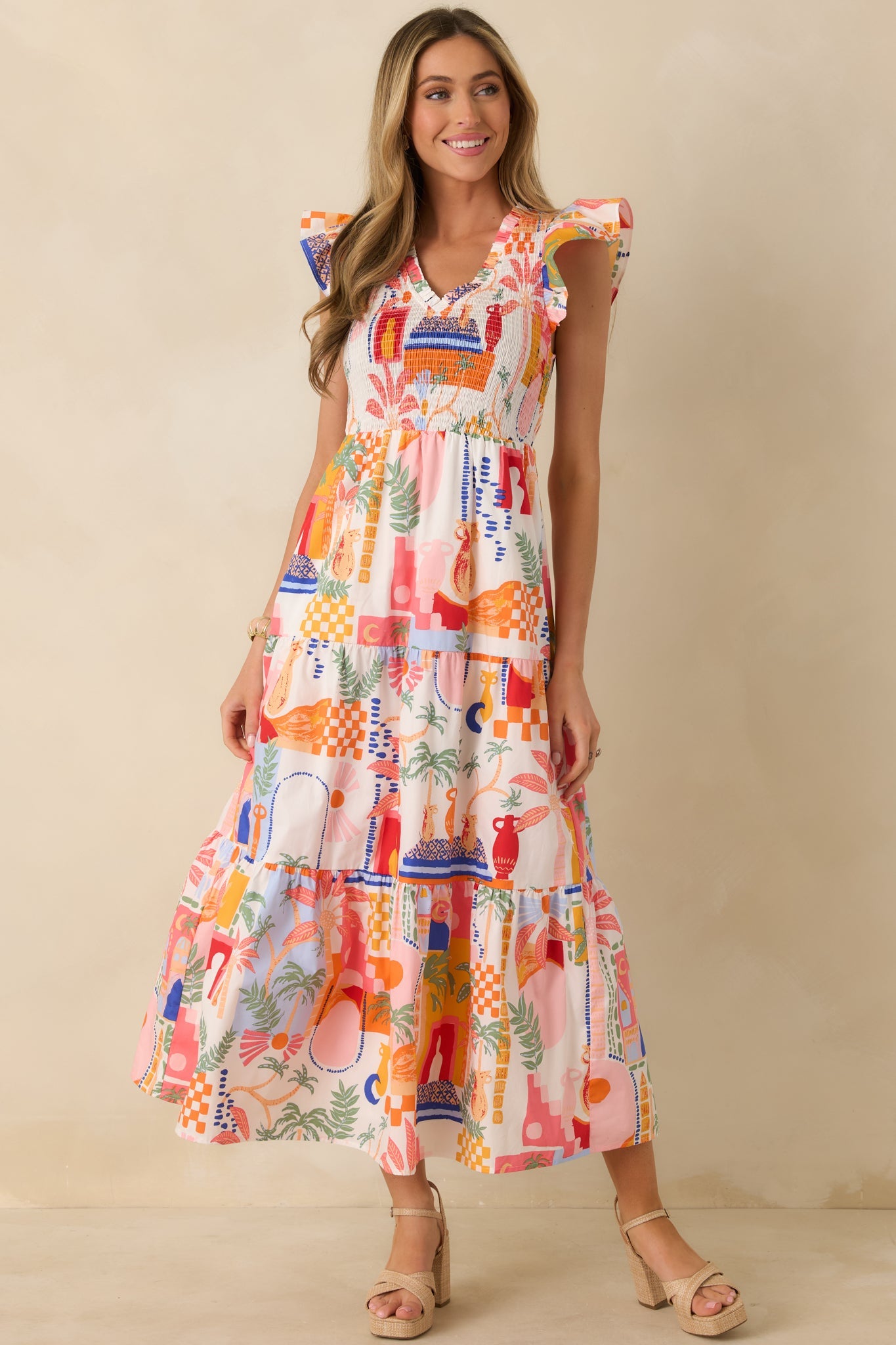 Where the Sun Goes Orange & Pink Multi Cotton V-Neck Flutter Sleeve Maxi Dress