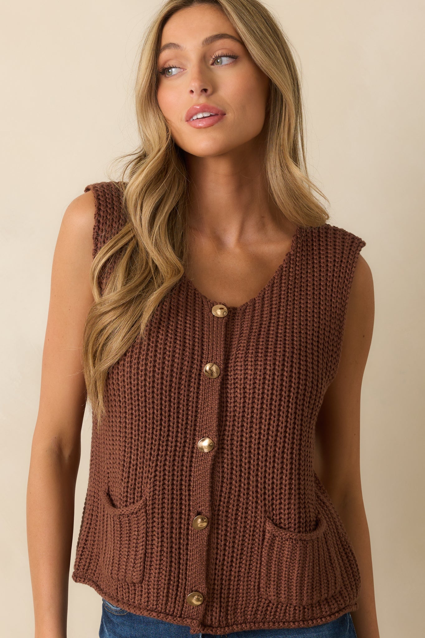 Without Hesitation Brown Knit Button Front Sweater Vest