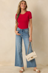 Cross Your Mind Red Short Sleeve Sweater Top