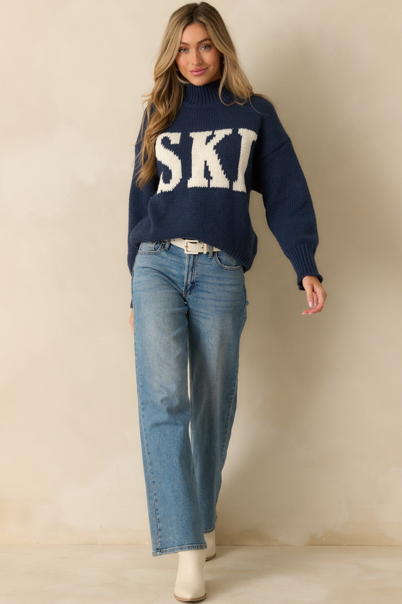 Ski Ya Soon Navy Blue Knit Turtleneck Ski Sweater