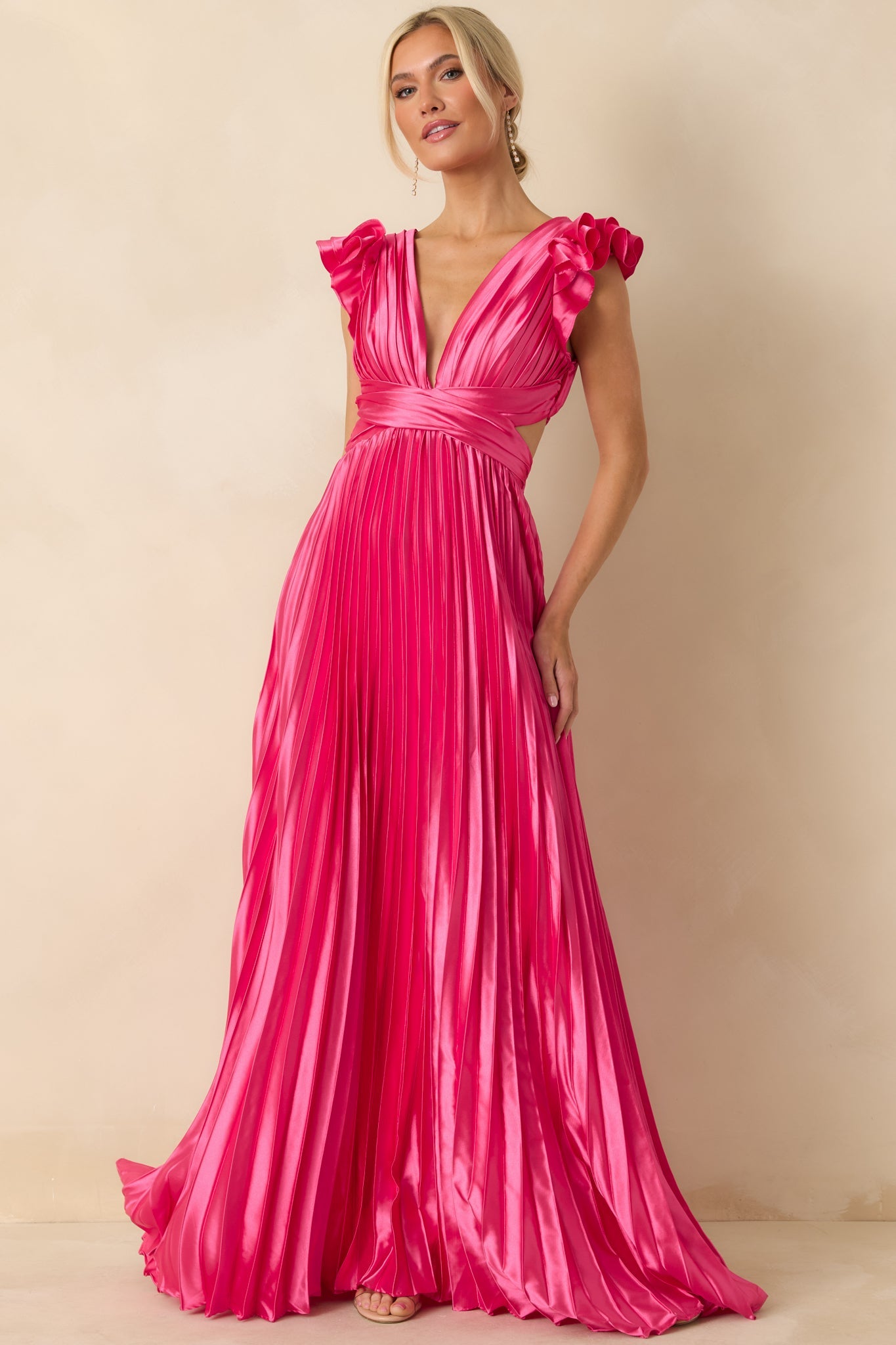 Let's Dance Hot Pink Pleated Satin Lace Back Maxi Dress