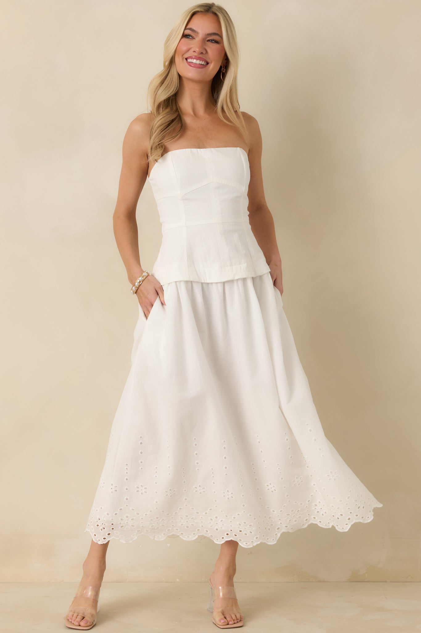 Pure Intentions White Cotton Eyelet Sleeveless Midi Dress
