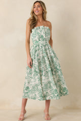 The Genevieve 100% Cotton Green Toile Strapless Midi Dress